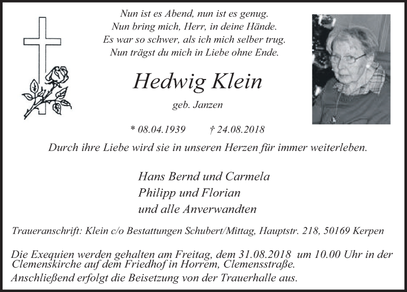 Traueranzeige für Hedwig Janzen vom 29.08.2018 aus  Werbepost 