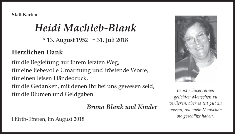  Traueranzeige für Heidi Machleb-Blank vom 29.08.2018 aus  Wochenende 