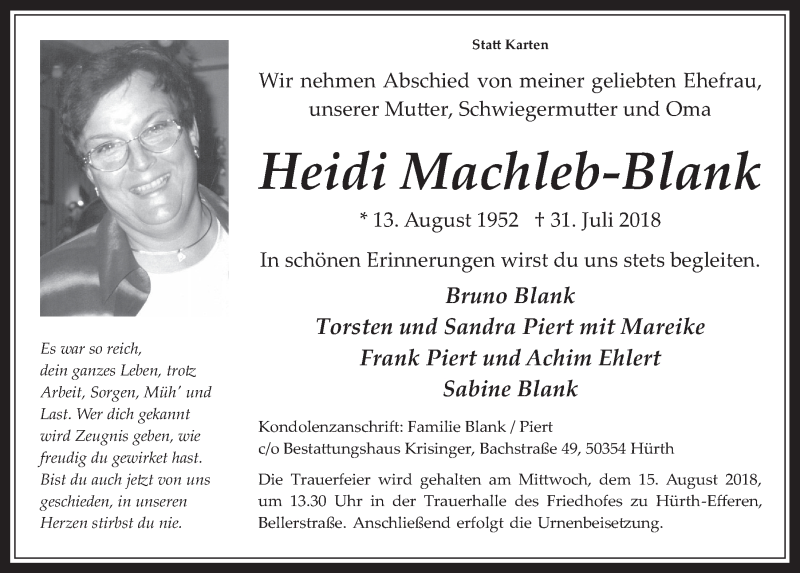 Traueranzeige für Heidi Machleb-Blank vom 08.08.2018 aus  Wochenende 