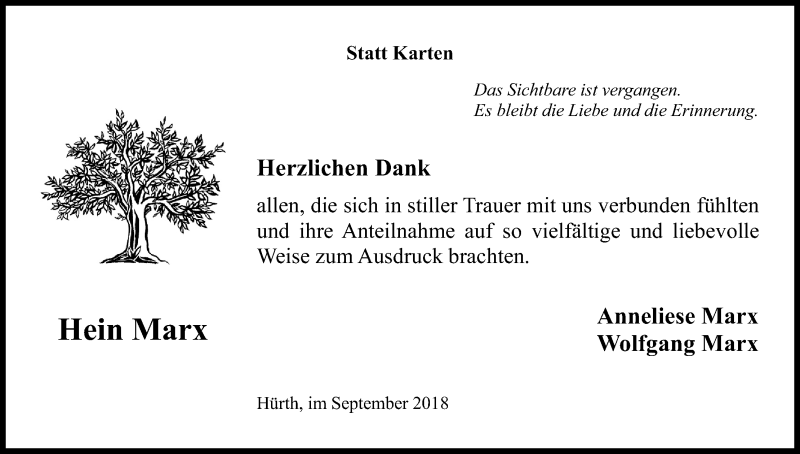  Traueranzeige für Hein Marx vom 01.09.2018 aus Kölner Stadt-Anzeiger / Kölnische Rundschau / Express