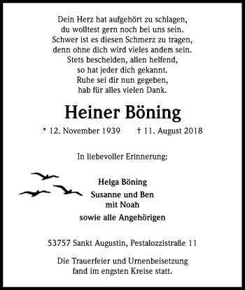 Anzeige von Heiner Böning von Kölner Stadt-Anzeiger / Kölnische Rundschau / Express
