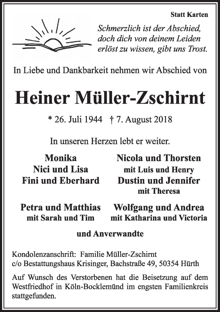 Traueranzeige für Heiner Müller-Zschirnt vom 18.08.2018 aus  Sonntags-Post 