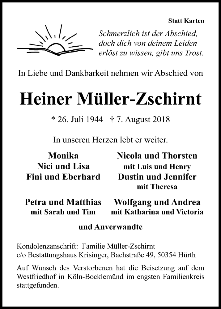  Traueranzeige für Heiner Müller-Zschirnt vom 18.08.2018 aus Kölner Stadt-Anzeiger / Kölnische Rundschau / Express