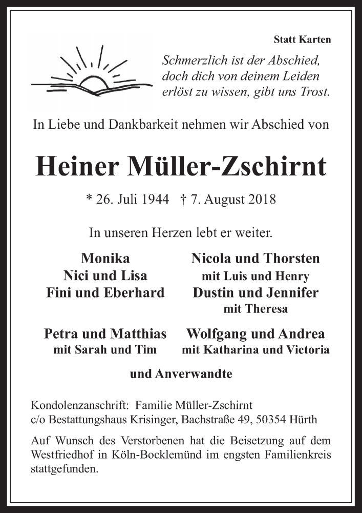  Traueranzeige für Heiner Müller-Zschirnt vom 22.08.2018 aus  Wochenende 