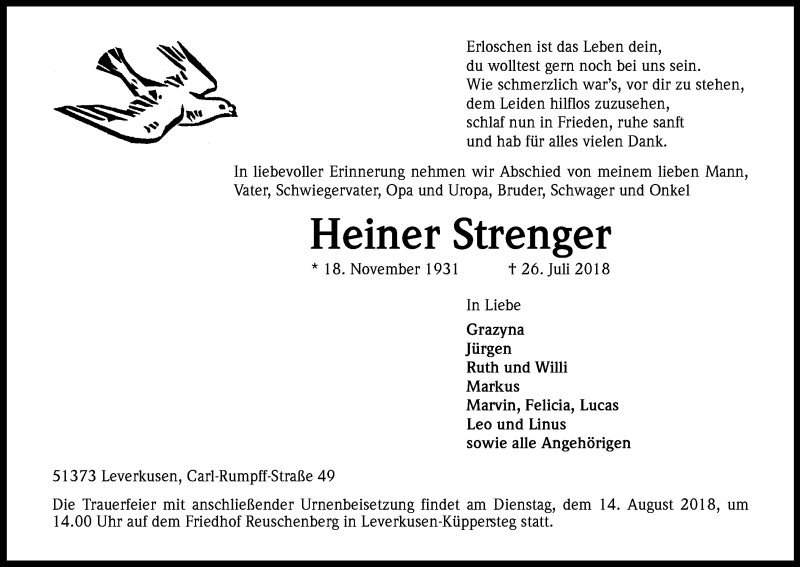  Traueranzeige für Heiner Strenger vom 08.08.2018 aus Kölner Stadt-Anzeiger / Kölnische Rundschau / Express