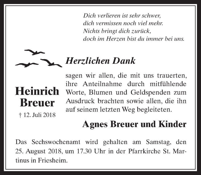  Traueranzeige für Heinrich Breuer vom 08.08.2018 aus  Werbepost 