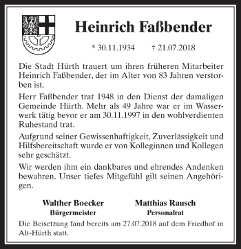 Anzeige von Heinrich Faßbender von  Wochenende 