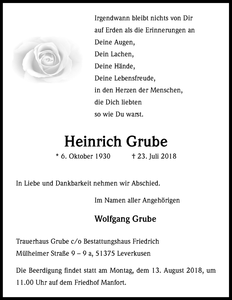  Traueranzeige für Heinrich Grube vom 04.08.2018 aus Kölner Stadt-Anzeiger / Kölnische Rundschau / Express