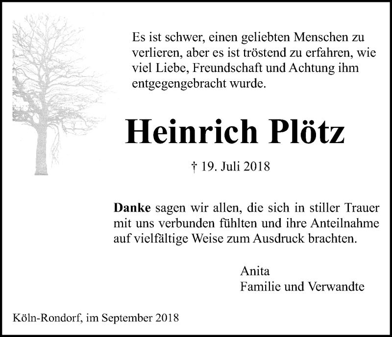  Traueranzeige für Heinrich Plötz vom 01.09.2018 aus Kölner Stadt-Anzeiger / Kölnische Rundschau / Express