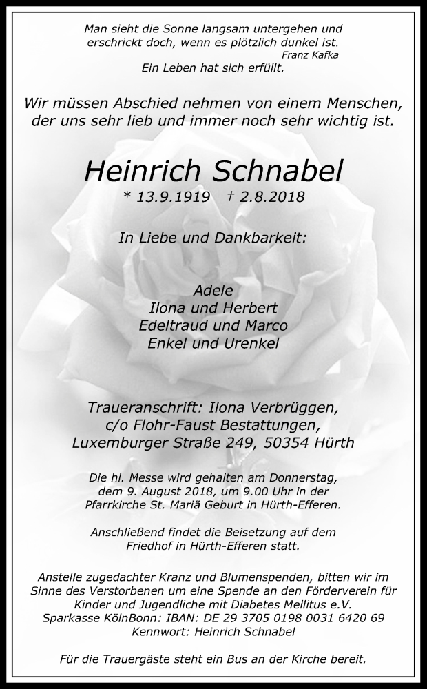  Traueranzeige für Heinrich Schnabel vom 07.08.2018 aus Kölner Stadt-Anzeiger / Kölnische Rundschau / Express