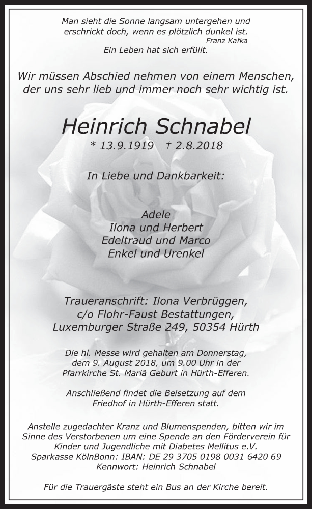  Traueranzeige für Heinrich Schnabel vom 08.08.2018 aus  Wochenende 