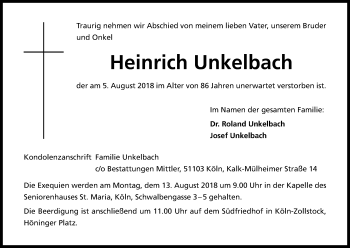 Anzeige von Heinrich Unkelbach von Kölner Stadt-Anzeiger / Kölnische Rundschau / Express