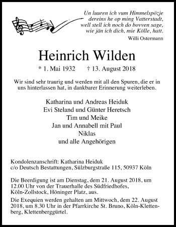 Anzeige von Heinrich Wilden von Kölner Stadt-Anzeiger / Kölnische Rundschau / Express