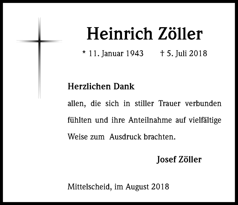  Traueranzeige für Heinrich Zöller vom 08.08.2018 aus Kölner Stadt-Anzeiger / Kölnische Rundschau / Express
