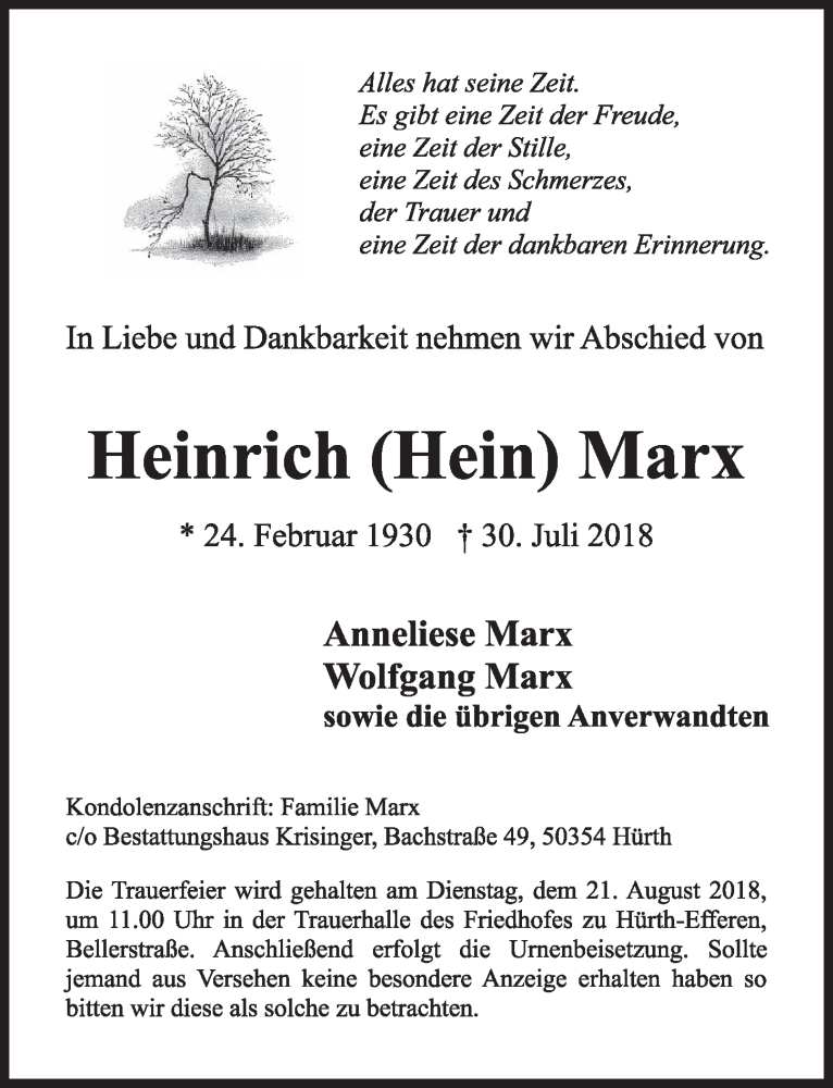  Traueranzeige für Heinrich Hein Marx vom 08.08.2018 aus  Wochenende  Schlossbote/Werbekurier 