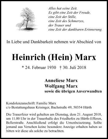 Anzeige von Heinrich Hein Marx von Kölner Stadt-Anzeiger / Kölnische Rundschau / Express