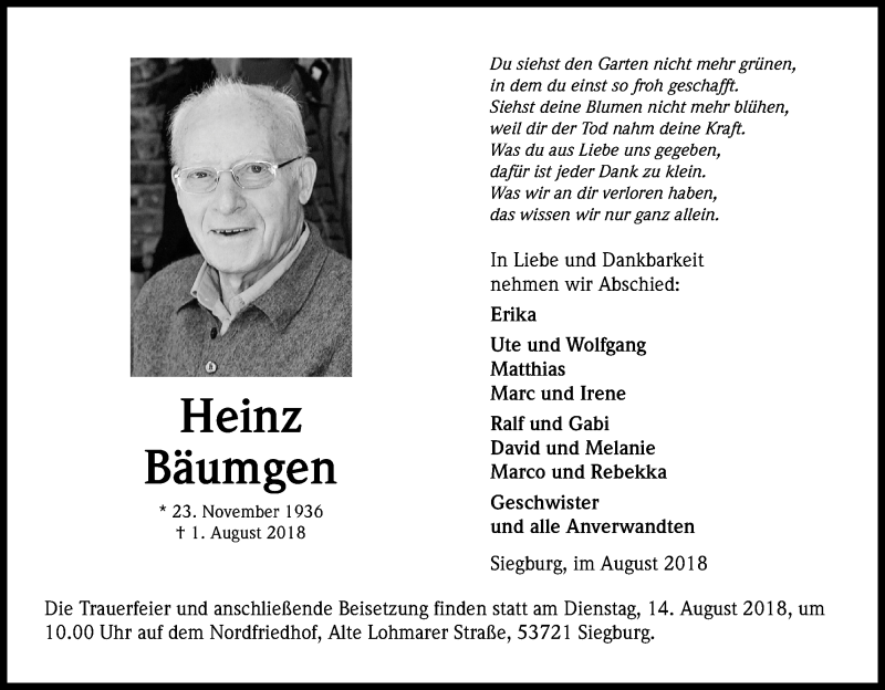  Traueranzeige für Heinz Bäumgen vom 10.08.2018 aus Kölner Stadt-Anzeiger / Kölnische Rundschau / Express