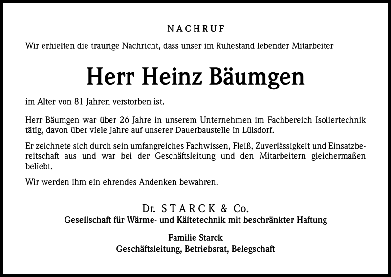  Traueranzeige für Heinz Bäumgen vom 18.08.2018 aus Kölner Stadt-Anzeiger / Kölnische Rundschau / Express