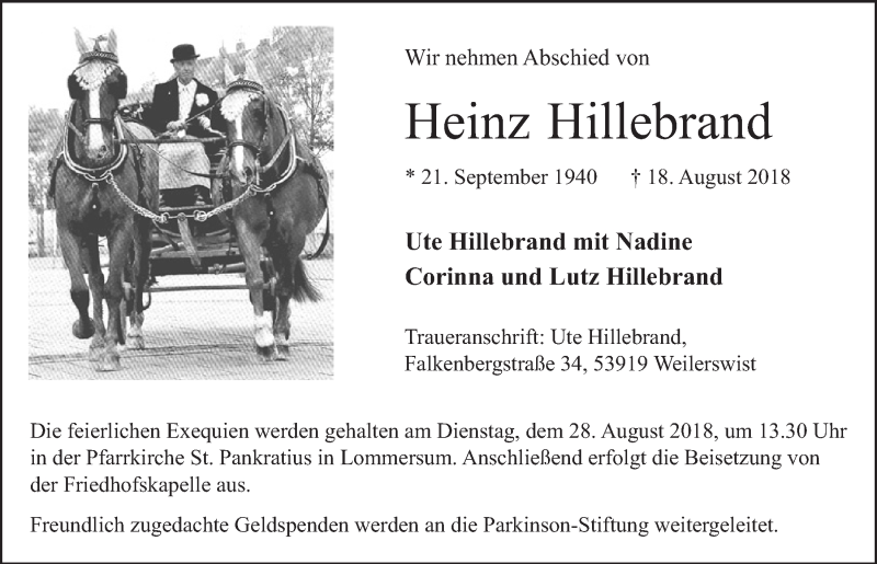  Traueranzeige für Heinz Hillebrand vom 25.08.2018 aus  Blickpunkt Euskirchen 