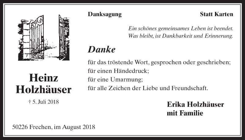  Traueranzeige für Heinz Holzhäuser vom 22.08.2018 aus  Wochenende 