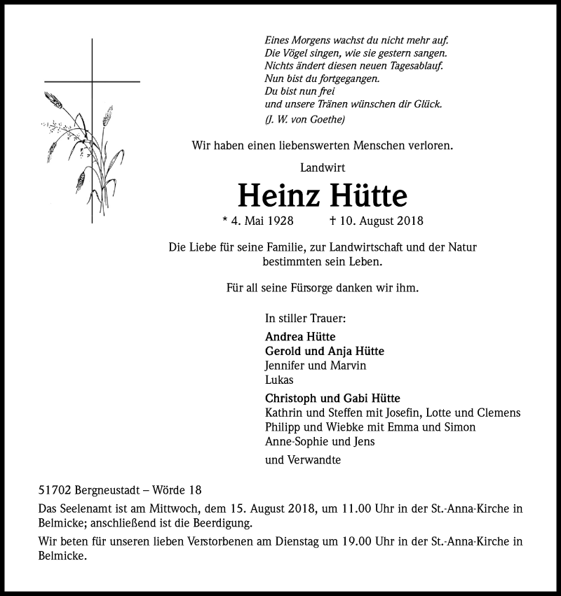  Traueranzeige für Heinz Hütte vom 14.08.2018 aus Kölner Stadt-Anzeiger / Kölnische Rundschau / Express
