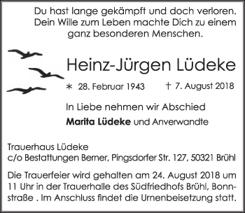 Anzeige von Heinz-Jürgen Lüdeke von  Schlossbote/Werbekurier 