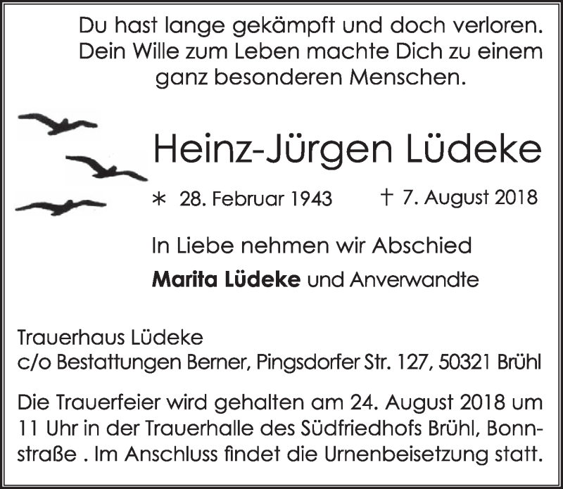  Traueranzeige für Heinz-Jürgen Lüdeke vom 15.08.2018 aus  Schlossbote/Werbekurier 