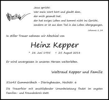 Anzeige von Heinz Kepper von Kölner Stadt-Anzeiger / Kölnische Rundschau / Express