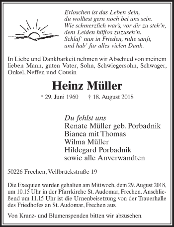 Anzeige von Heinz Müller von  Sonntags-Post 