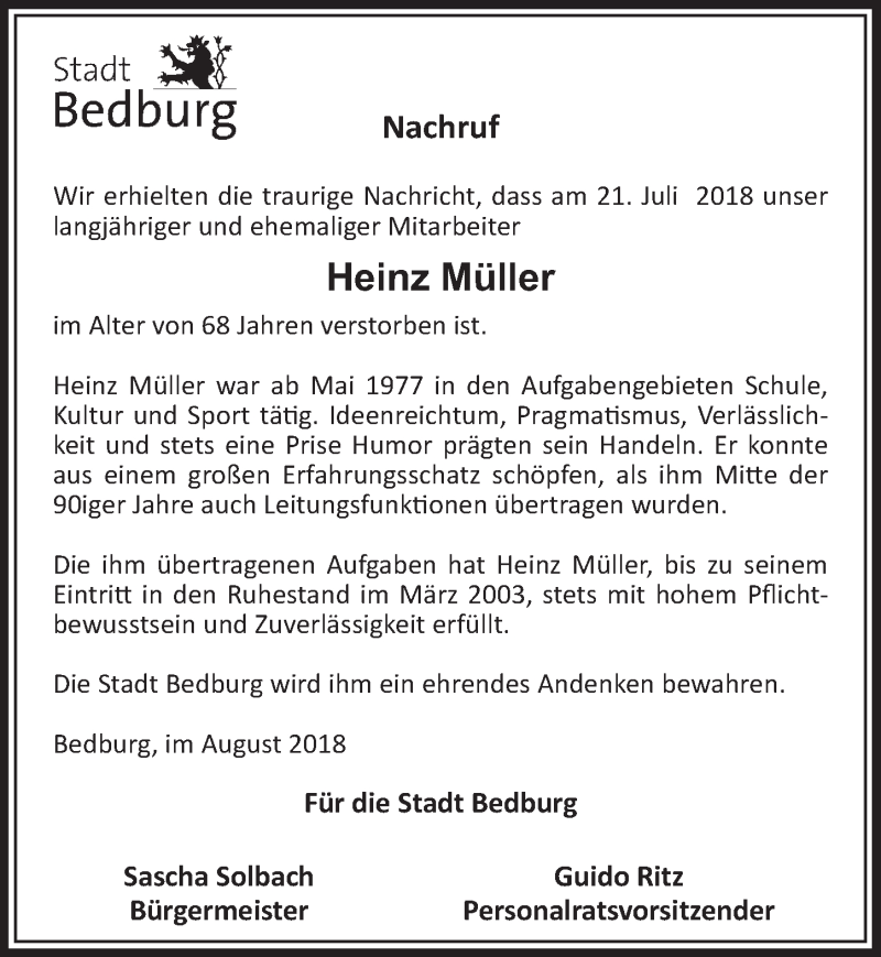  Traueranzeige für Heinz Müller vom 04.08.2018 aus  Sonntags-Post 