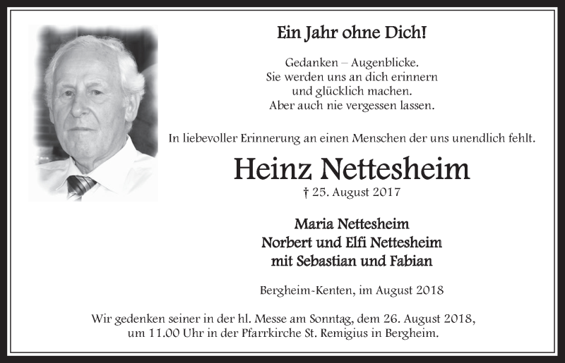  Traueranzeige für Heinz Nettesheim vom 15.08.2018 aus  Werbepost 