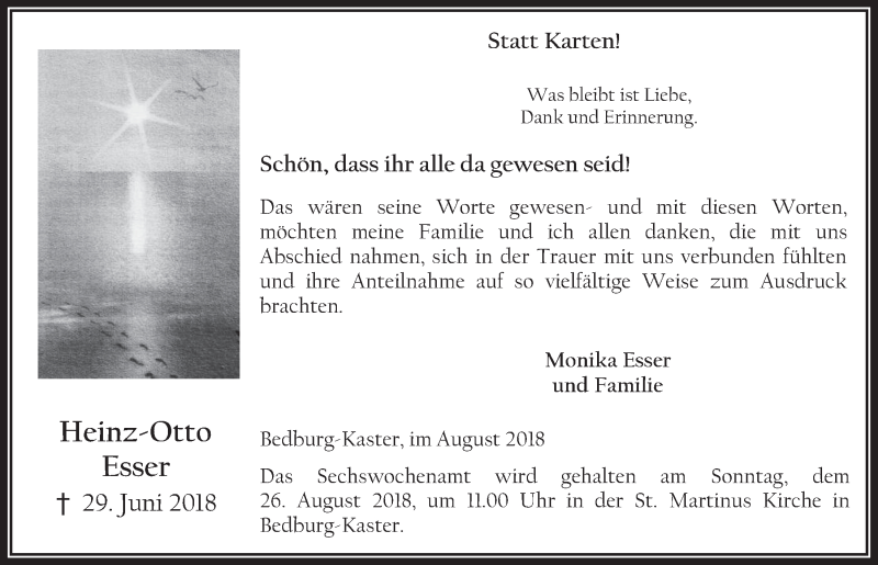  Traueranzeige für Heinz-Otto Esser vom 22.08.2018 aus  Werbepost 