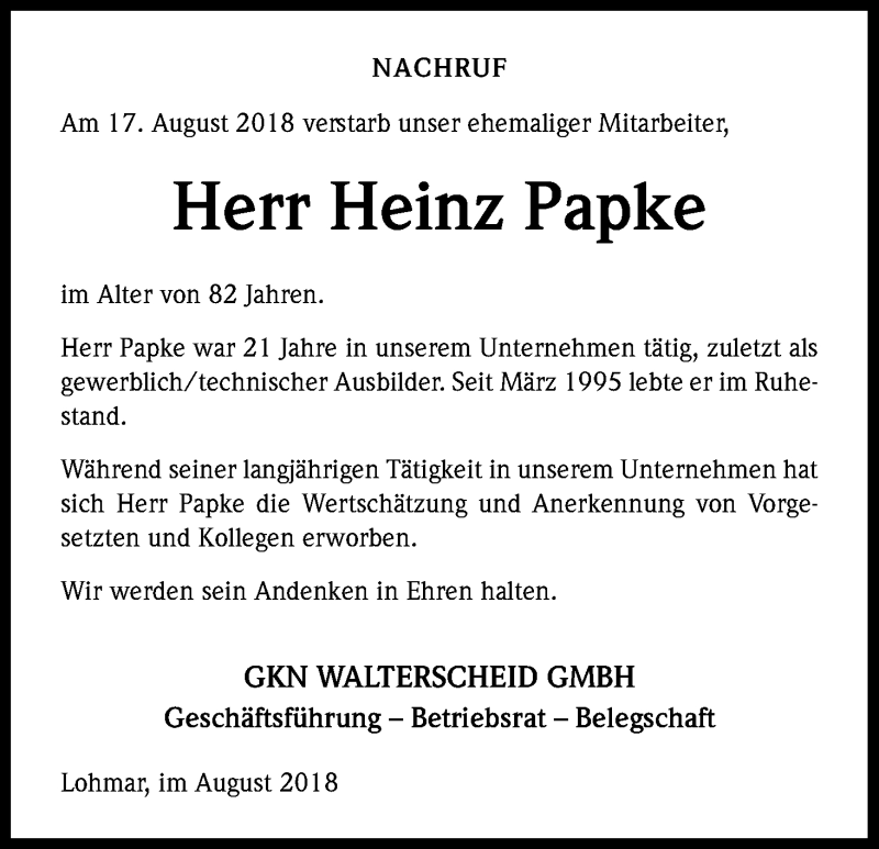 Traueranzeige für Heinz Papke vom 23.08.2018 aus Kölner Stadt-Anzeiger / Kölnische Rundschau / Express
