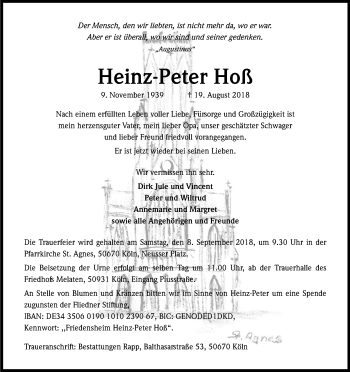 Anzeige von Heinz-Peter Hoß von Kölner Stadt-Anzeiger / Kölnische Rundschau / Express