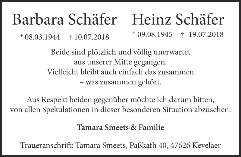  Traueranzeige für Heinz Schäfer vom 08.08.2018 aus  Kölner Wochenspiegel 