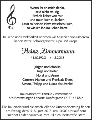 Anzeige von Heinz Zimmermann von  Kölner Wochenspiegel 
