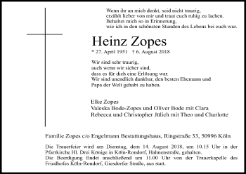 Anzeige von Heinz Zopes von Kölner Stadt-Anzeiger / Kölnische Rundschau / Express