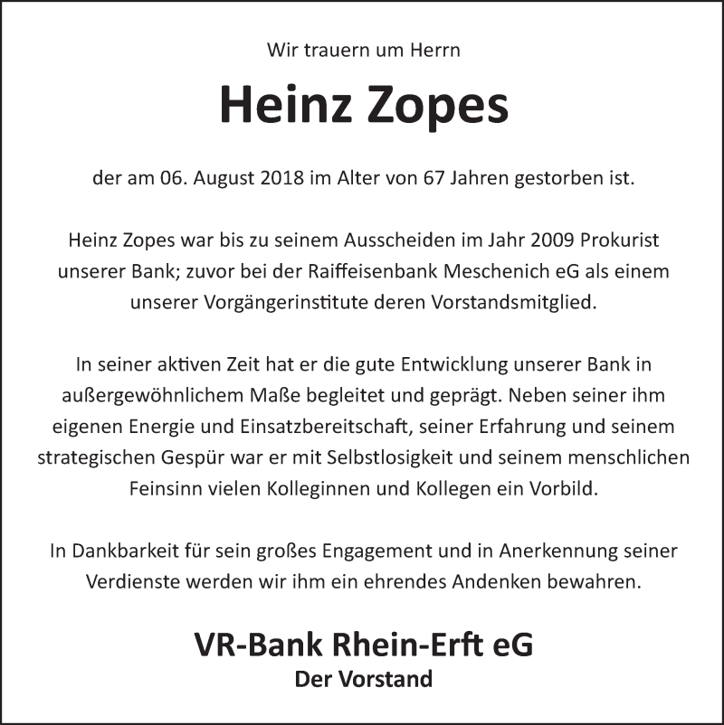  Traueranzeige für Heinz Zopes vom 15.08.2018 aus  Schlossbote/Werbekurier 