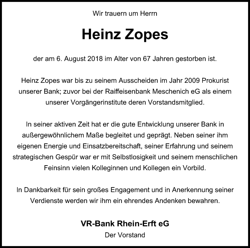  Traueranzeige für Heinz Zopes vom 11.08.2018 aus Kölner Stadt-Anzeiger / Kölnische Rundschau / Express