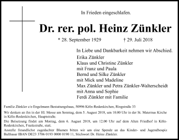 Anzeige von Heinz Zünkler von Kölner Stadt-Anzeiger / Kölnische Rundschau / Express