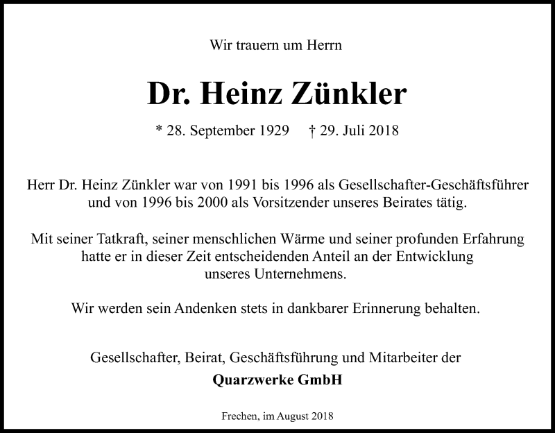  Traueranzeige für Heinz Zünkler vom 04.08.2018 aus Kölner Stadt-Anzeiger / Kölnische Rundschau / Express