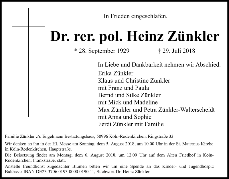  Traueranzeige für Heinz Zünkler vom 04.08.2018 aus Kölner Stadt-Anzeiger / Kölnische Rundschau / Express