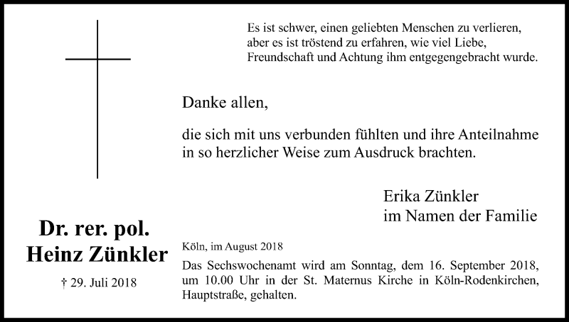  Traueranzeige für Heinz Zünkler vom 18.08.2018 aus Kölner Stadt-Anzeiger / Kölnische Rundschau / Express