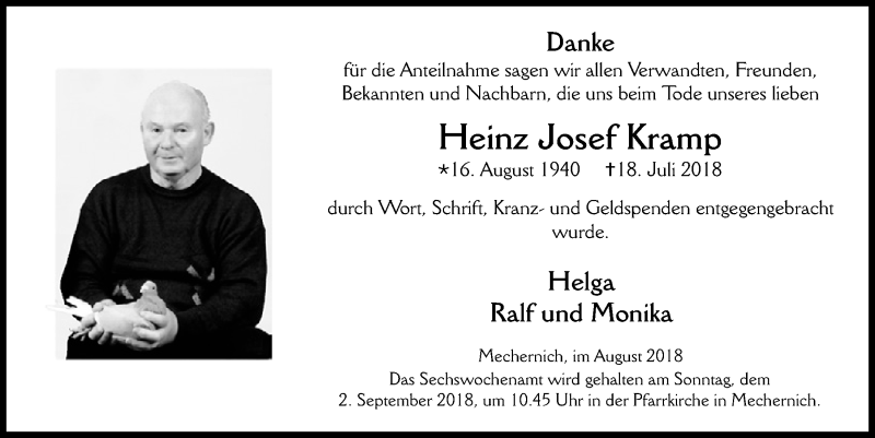  Traueranzeige für Heinz Josef Kramp vom 25.08.2018 aus  Blickpunkt Euskirchen 
