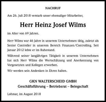 Anzeige von Heinz Josef Wilms von Kölner Stadt-Anzeiger / Kölnische Rundschau / Express