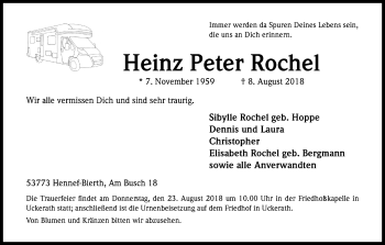 Anzeige von Heinz Peter Rochel von Kölner Stadt-Anzeiger / Kölnische Rundschau / Express