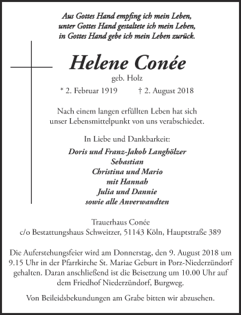 Anzeige von Helene Conee von  Kölner Wochenspiegel 
