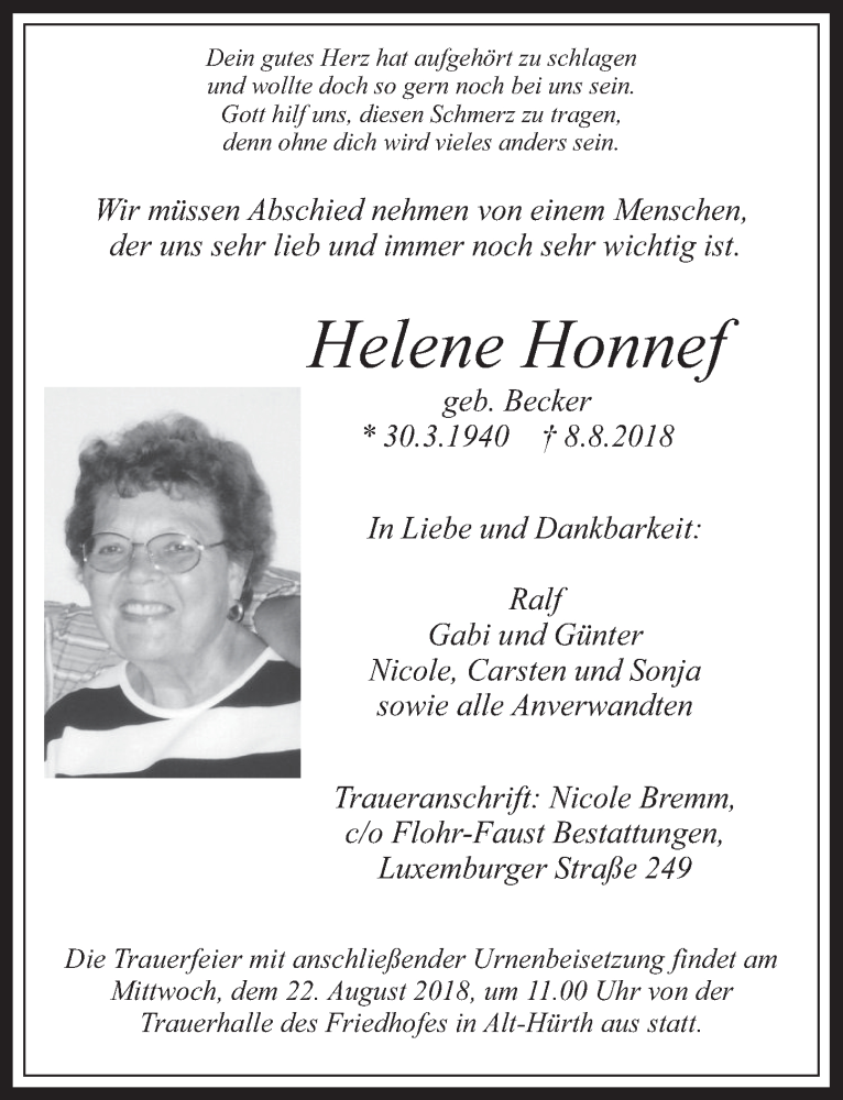  Traueranzeige für Helene Honnef vom 15.08.2018 aus  Wochenende 