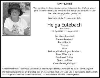 Anzeige von Helga Eutebach von Kölner Stadt-Anzeiger / Kölnische Rundschau / Express