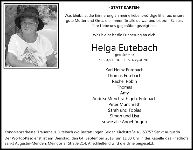  Traueranzeige für Helga Eutebach vom 29.08.2018 aus Kölner Stadt-Anzeiger / Kölnische Rundschau / Express